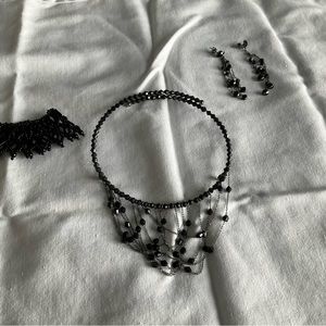 Black beaded necklace, pierced earrings and bracelet